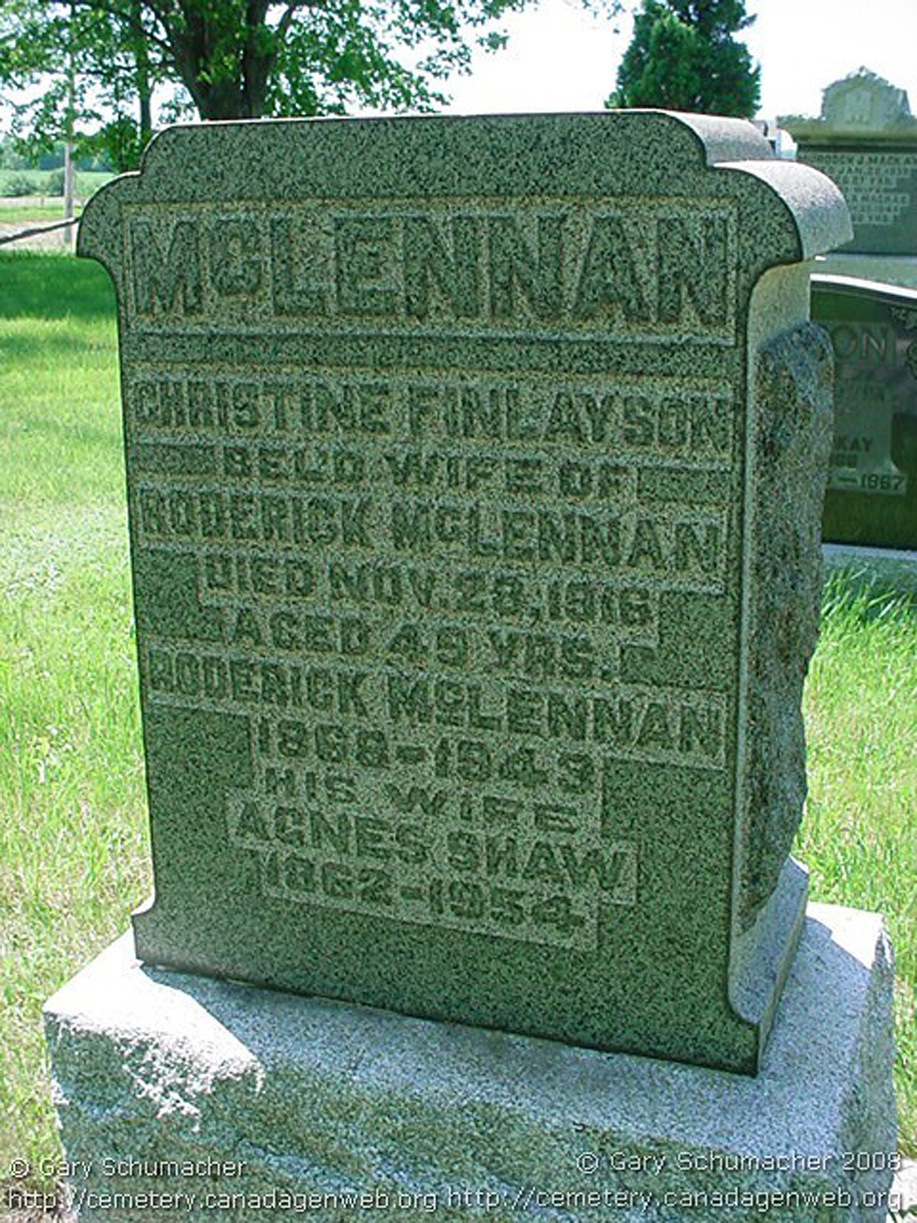 Photo of headstones/Roderick McLennan d 1943 MI South Lochalsh Cemetery Ashfield Ontario